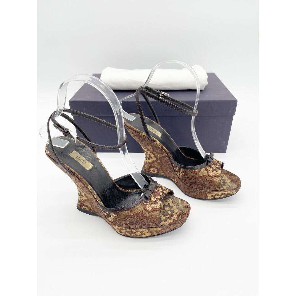 Prada Retro Y2K Brown Bronze Brocade Lurex Bow Sculptural Wedge Sandals IT 36.5 - Picture 2 of 14